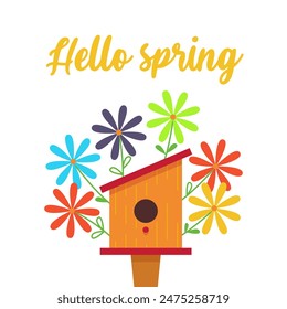 Wooden birdhouse. Flowers. Hello spring. Bird feeders. Handmade or crafts made from wood and nails