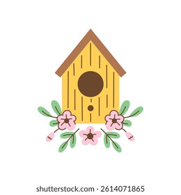 Wooden Birdhouse with Flowers and Leaves. Springtime decorative nest for birds with sakura cherry blossom bud and twigs. Spring flat vector illustration