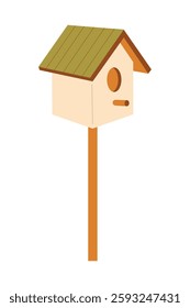 Wooden birdhouse with green roof on pole, cute hand drawn vector illustration isolated on white.
