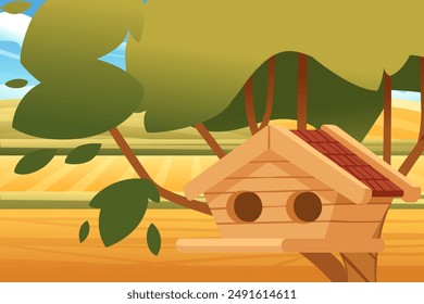 Pajarera de madera colgando de una rama de árbol con hojas verdes. Diseño sencillo de Birdhouse con una entrada redonda y una Pequeña percha. Perfecto refugio para aves en un entorno natural. Ilustración vectorial