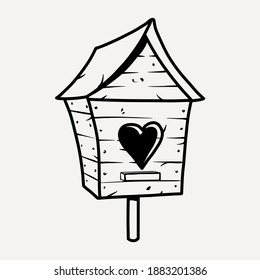 Wooden birdhouse with heart for birds. Outline vector Valentines Day illustration