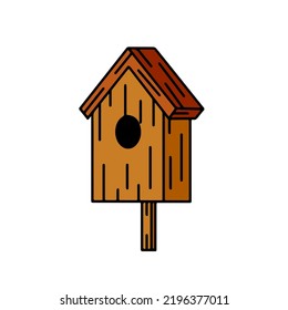 Wooden birdhouse. House for bird. Homemade nest for animal. Outline cartoon illustration