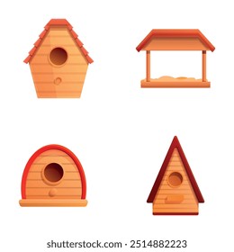 Ícones de madeira birdhouse definir vetor de desenhos animados. Criado casa de passarinho com alimentador. Casa para pássaros