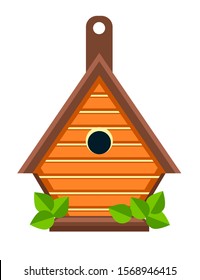 Wooden birdhouse isolated icon, hanging nesting box for garden and home decor vector. Feeding birds, construction to feed flying animal, small buildings of planks. Hole and green leaves, nature care