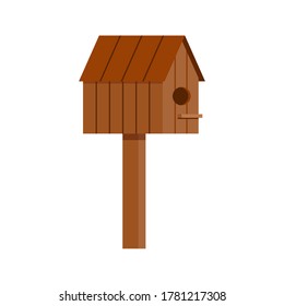 Wooden birdhouse isolated on white background. Nesting box with hole  icon - spring time symbol. Flat design cartoon style starling house vector illustration.