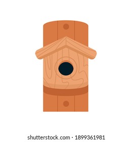 Wooden birdhouse, isolated on a white background. Spring illustration for postcards, posters, web graphics, banners, advertisements, brochures. Vector illustration in a flat style.  Cartoon style