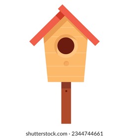 Wooden birdhouse isolated on white background. Place for nest cartoon flat style. Springtime decoration, hanging home. Vector illustration