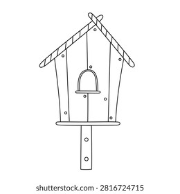 Wooden birdhouse on a post linear vector illustration, cute hand drawn nesting box with striped roof for spring garden design and coloring pages, simple black and white outline doodle isolated element