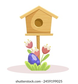 A wooden birdhouse on a stand with flowers and an Easter egg, in flat style on a white background, concept of spring and Easter. Vector illustration