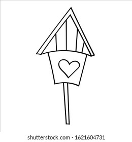 Wooden birdhouse on a stick for birds. Vector illustration in Doodle style. Isolated object on a white background. Design element for children's books-paints, textiles, posters.