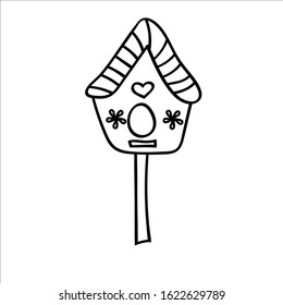 Wooden birdhouse on a stick for birds. Vector illustration in Doodle style. Isolated object on a white background. Design element for children's books-paints, textiles, posters.