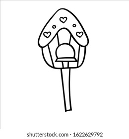 Wooden birdhouse on a stick for birds. Vector illustration in Doodle style. Isolated object on a white background. Design element for children's books-paints, textiles, posters.