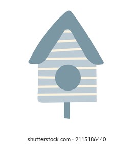 Wooden birdhouse on a stick, a house for birds. Hand drawn vector illustration. Isolated element on a white background.