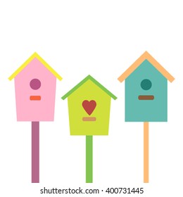 Wooden birdhouse on a tree hanging birdhouse flat vector. Set of three houses for birds.