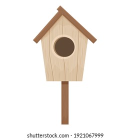 Wooden birdhouse, place for nest, empty decoration in cartoon flat style textured object isolated on white background. Springtime decoration, hanging home. 