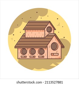 Wooden birdhouse, place for nest, empty decoration in cartoon flat outline style object isolated on yellow rounded shape and white background