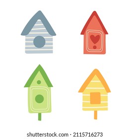 Wooden birdhouse, set of icons of house for birds. Hand drawn vector illustration. Isolated element on a white background.
