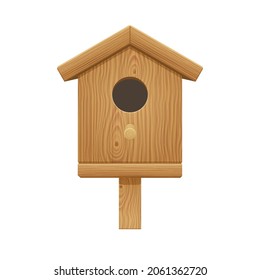 Pabellón de madera, pequeña casa de pájaros aislada de fondo blanco. Ilustración vectorial realista de la caja de nido de la madera marrón con agujero, palo y techo para jardín o parque