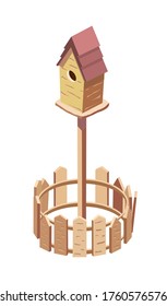 Wooden birdhouse with a small fence. Vector isometric illustration.