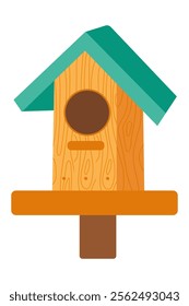 Wooden birdhouse with teal roof on a white background, perfect for backyard decoration