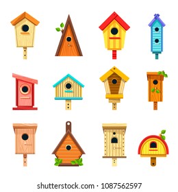 Wooden birdhouses of creative design to hang on tree set