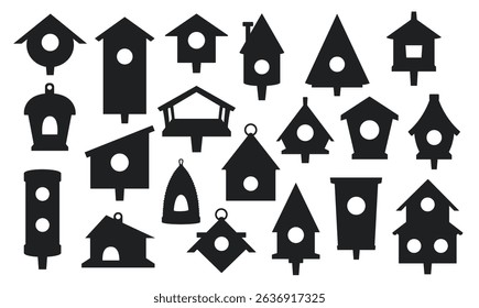 Wooden birdhouses of different shapes. Starling shelter dark silhouettes. Bird house shapes. Birdie building with feeder. Fly animal dwelling entrance hole. Vector birdwatching graphic black icons set