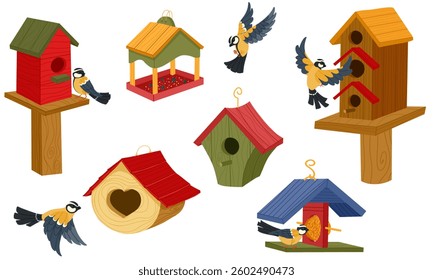 Wooden birdhouses with flying titmouse and nesting birds vector set. Various bird house designs for stickers, posters, educational materials, web icons, packaging, infographics and decor