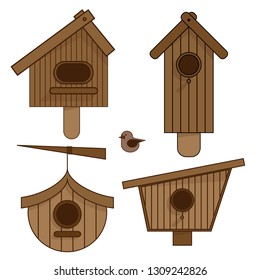 Wooden birdhouses. Set of vector illustrations for web graphics, banners, advertisements and brochures. Separate on a white background. EPS10
