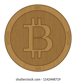 Wooden Bitcoin (BTC) cryptocurrency coin.