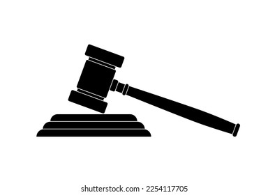 Wooden black gavel icon of justice in the courthouse. Concept of justice and judgment. Legal punishment or verdict decision. Authority logo. Flat vector illustration for web banner.