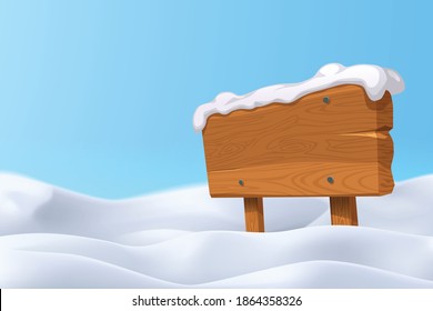 wooden blank board with realistic snow hills