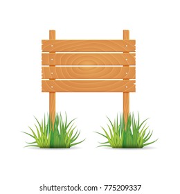 Wooden blank board signs spring time with grass. Vector illustration.