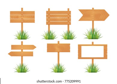 Wooden blank board signs spring time with grass. Vector illustration.