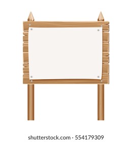 Wooden blank sign board with paper isolated on white. Wood board with paper sheet illustration.