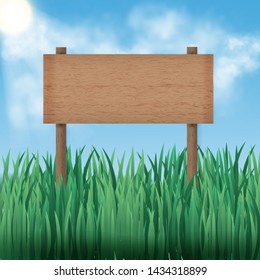Wooden blank signboard and green grass on sky