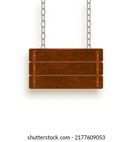 Wooden Blank Signboard on an iron chain. White background with shadow.