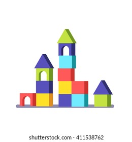 Wooden block building game castle. Modern flat vector illustration clipart.