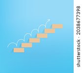 Wooden block stacking as step stair with arrow on blue background, Ladder of success in business growth concept, copy space.