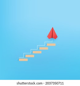 Wooden block stacking as step stair with red paper plane on blue background, Ladder of success in business growth concept, copy space.