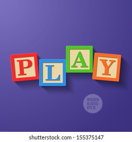 Wooden blocks arranged in the word PLAY. Vector.