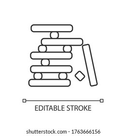 Wooden blocks game pixel perfect linear icon. Traditional entertainment thin line customizable illustration. Contour symbol. Unstable construction vector isolated outline drawing. Editable stroke