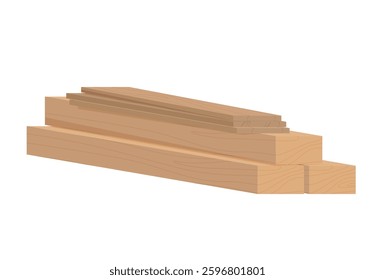 Wooden blocks of various sizes are stacked and positioned haphazardly on a white background, showcasing their natural texture and color