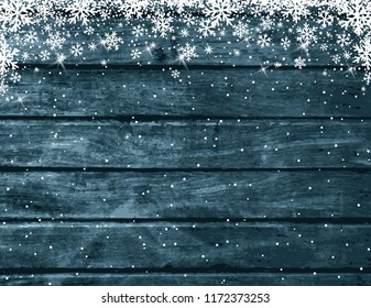 Wooden blue christmas background with white snowflakes, vector illustration