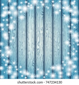  wooden blue painted surface. Blue background. A wooden background with snowflakes and snow. Christmas. New Year.Vector illustration. Eps 10.