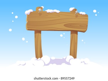 Wooden board against of a winter landscape. Christmas illustration.