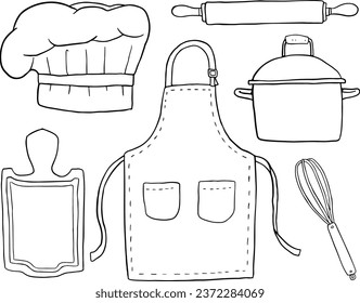 wooden board. Chef and kitchen utensils, cooking stuff for menu decoration. line vector set 