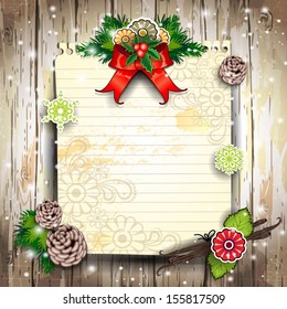 Wooden board with Christmas ornaments sheet of paper where you can enter text-lights of transparency and blending effects gradient mesh EPS-10