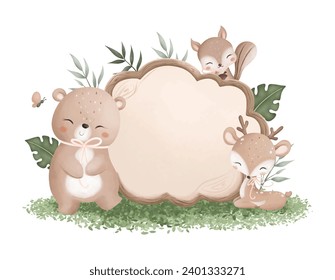 Wooden board with cute animals. Birthday invitation. 