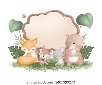 Wooden board with cute animals. Birthday invitation. 