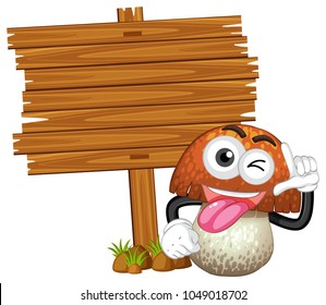 Wooden board with cute mushroom illustration